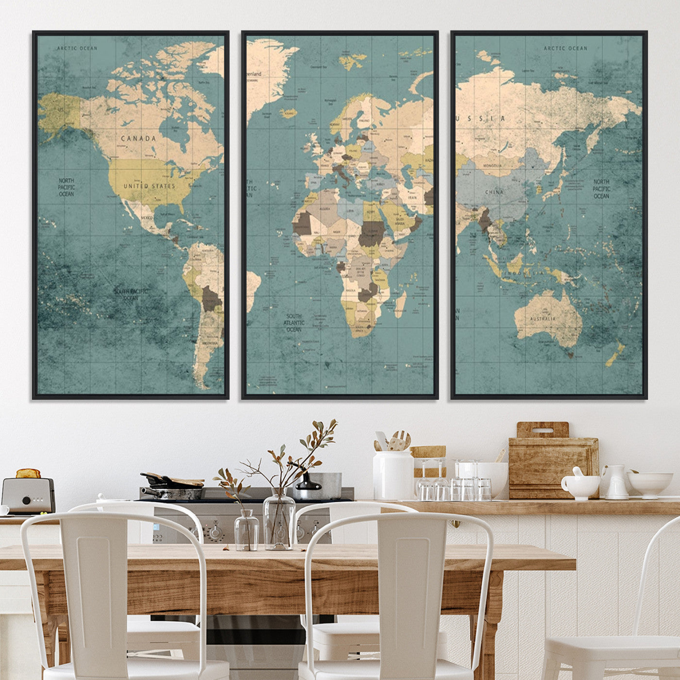 Classic World Map Wall Art Canvas Print, Framed Retro Map Art Picture Print, Vintage Atlas Perfect Rustic Explorer Decor Artwork