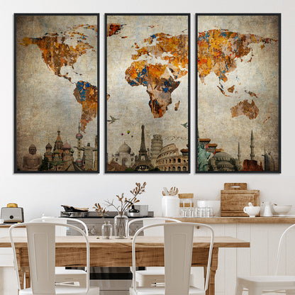 Push Pin World Map Canvas Print – Framed Wall Art for Couples to Track Their Travels – Anniversary Gift or Home Adventure Decor