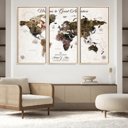 35778202-MGV-FC-48X32-3P_Natural-Custom Push Pin World Map Wall Canvas Print – Personalized Travel Map with Pins – Framed Large Canvas for Home Office Decor