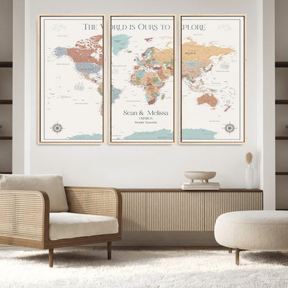 90968866-MGV-FC-48X32-3P_Natural-Custom Push Pin World Map Wall Canvas Print – Personalized Travel Tracker with Pins – Framed Large Multi-Size Canvas for Home Office Decor
