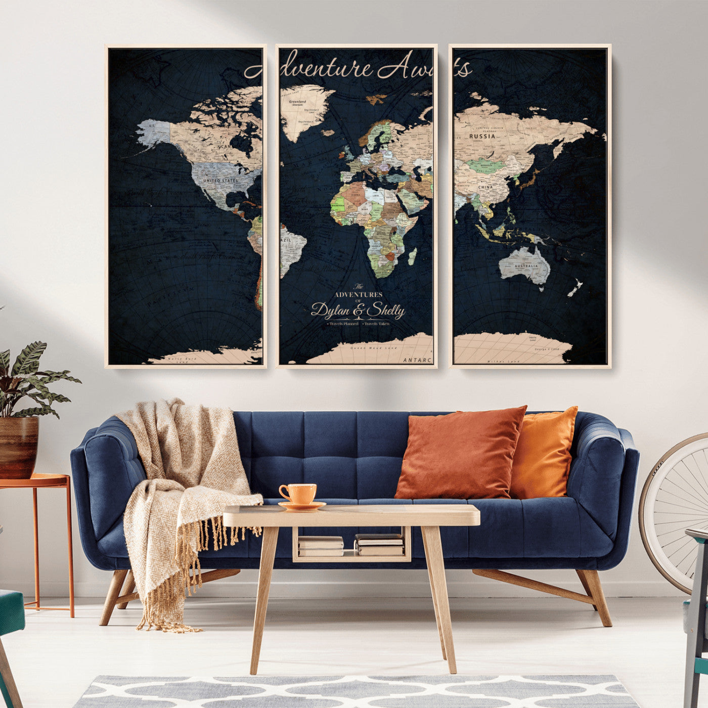 43186793-MGV-FC-60X40-3P_Natural-Personalized World Map Print, Customizable Push Pin Framed World Map Print on Canvas - Custom Quote on Map Print