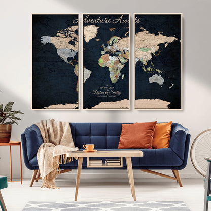 43186793-MGV-FC-60X40-3P_Natural-Personalized World Map Print, Customizable Push Pin Framed World Map Print on Canvas - Custom Quote on Map Print