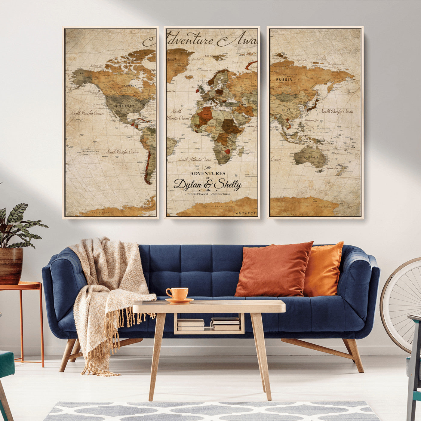 20810820-MGV-FC-60X40-3P_Natural-Personalized World Map Print, Customizable Push Pin Framed World Map Print on Canvas - Custom Quote on Map Print