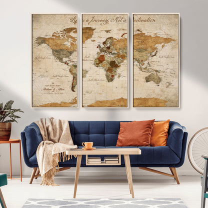 79036691-MGV-FC-60X40-3P_Natural-Custom Push Pin World Map Wall Canvas Print – Personalized Travel Tracker with Pins – Framed Custom Quotie Canvas for Home Office Decor