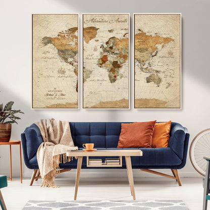 64295326-MGV-FC-60X40-3P_Natural-Custom Push Pin World Map Wall Canvas Print – Personalized Travel Tracker with Pins – Framed Custom Quotie Canvas for Home Office Decor