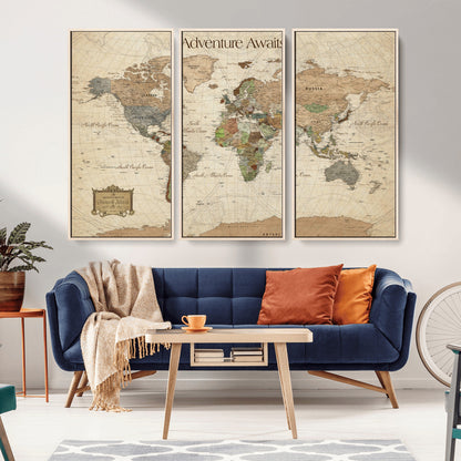 33020399-MGV-FC-48X32-3P_Natural-Custom Push Pin World Map Wall Canvas Print – Personalized Travel Tracker with Pins – Framed Custom Quotie Canvas for Home Office Decor