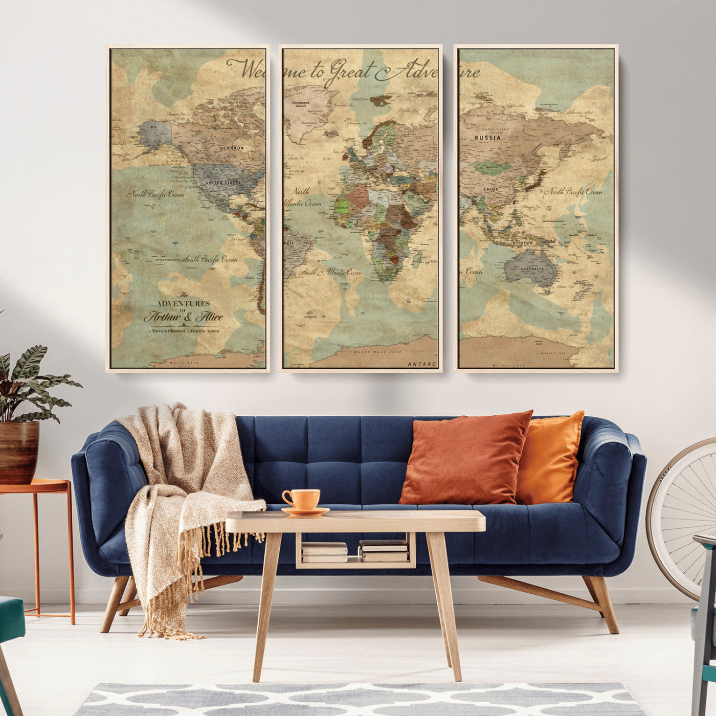 37466236-MGV-FC-48X32-3P_Natural-Custom Push Pin World Map Wall Canvas Print – Personalized Travel Tracker with Pins – Framed Custom Quotie Canvas for Home Office Decor