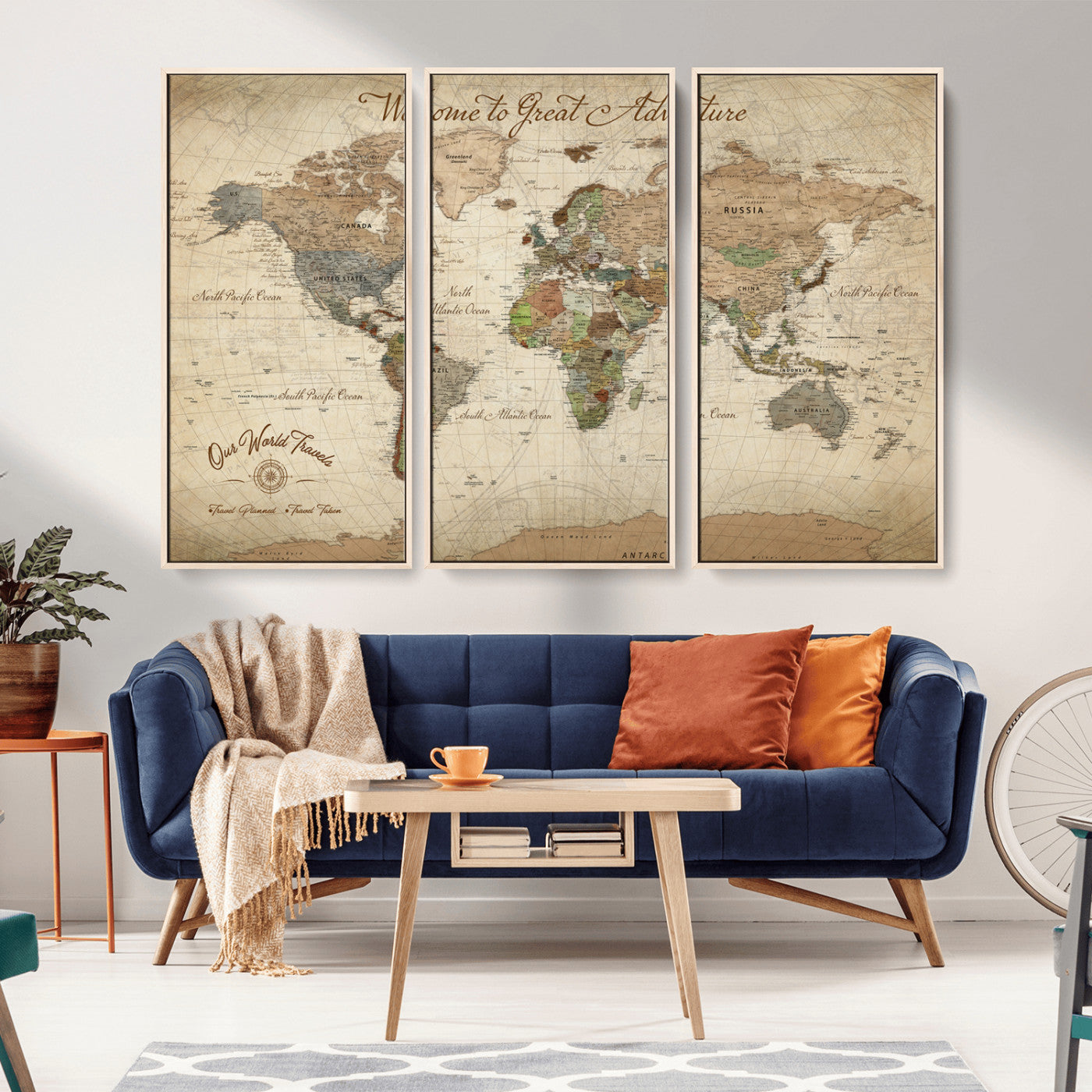 76478536-MGV-FC-60X40-3P_Natural-Custom Push Pin World Map Wall Canvas Print – Personalized Travel Tracker with Pins – Framed Custom Quotie Canvas for Home Office Decor