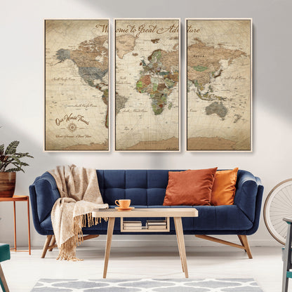 76478536-MGV-FC-60X40-3P_Natural-Custom Push Pin World Map Wall Canvas Print – Personalized Travel Tracker with Pins – Framed Custom Quotie Canvas for Home Office Decor