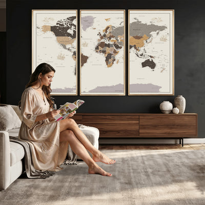 58777746-MGV-CV-36X24 - Custom Beige Modern Push Pin World Map Canvas Print, Places Visited Tracker, Bedroom and Study Decor
