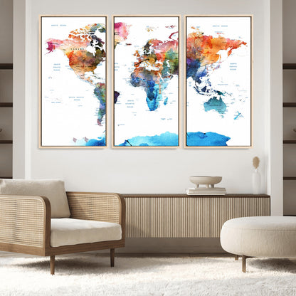 Push Pin World Map Canvas Print – Framed Wall Art for Couples to Track Their Travels – Anniversary Gift or Home Adventure Decor