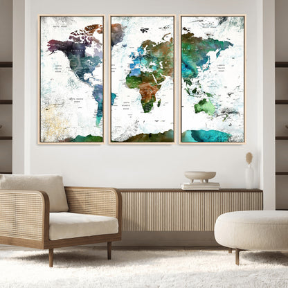 Push Pin World Map Canvas Print – Framed Wall Art for Couples to Track Their Travels – Anniversary Gift or Home Adventure Decor