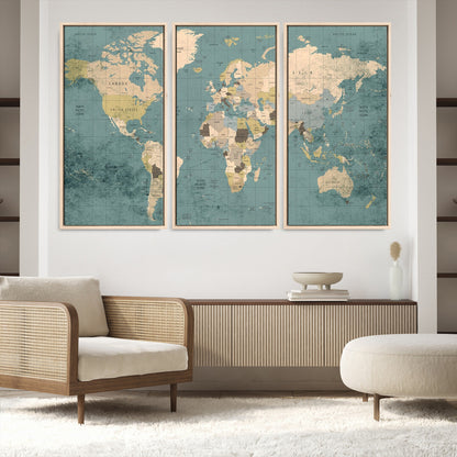 Classic World Map Wall Art Canvas Print, Framed Retro Map Art Picture Print, Vintage Atlas Perfect Rustic Explorer Decor Artwork