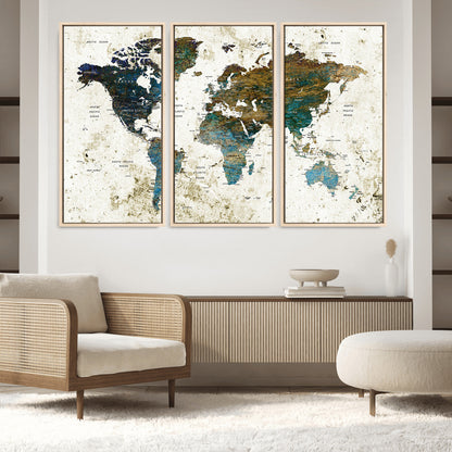Push Pin World Map Canvas Print – Framed Wall Art for Couples to Track Their Travels – Anniversary Gift or Home Adventure Decor