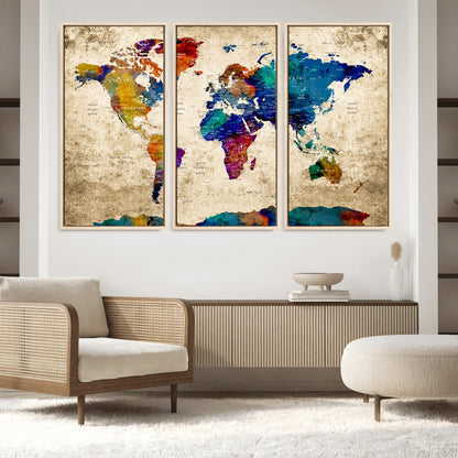 Push Pin World Map Canvas Print – Framed Wall Art for Couples to Track Their Travels – Anniversary Gift or Home Adventure Decor