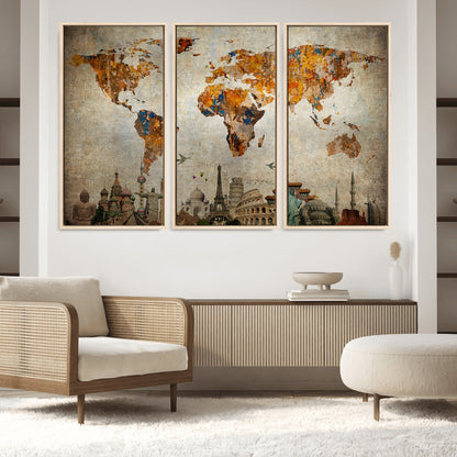 Push Pin World Map Canvas Print – Framed Wall Art for Couples to Track Their Travels – Anniversary Gift or Home Adventure Decor