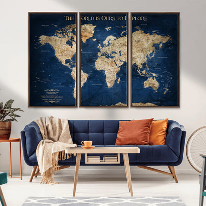 Custom World Map Wall Art – Personalized Framed Canvas Print with Push Pins for Travel Tracking, Anniversary or Couple Gift Ideas - H2-2