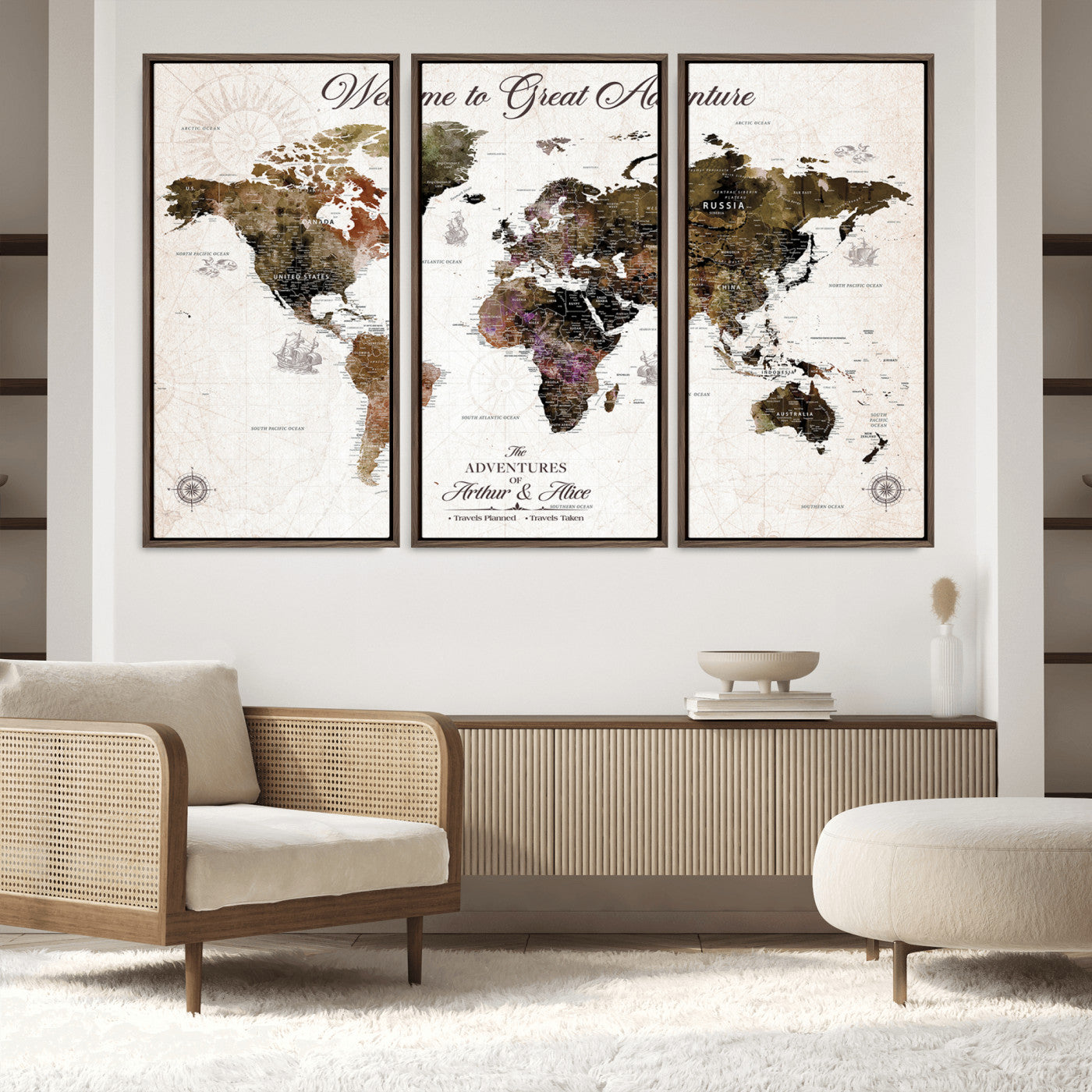35778202-MGV-FC-48X32-3P_Walnut-Custom Push Pin World Map Wall Canvas Print – Personalized Travel Map with Pins – Framed Large Canvas for Home Office Decor