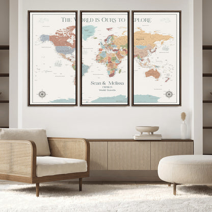 90968866-MGV-FC-48X32-3P_Walnut-Custom Push Pin World Map Wall Canvas Print – Personalized Travel Tracker with Pins – Framed Large Multi-Size Canvas for Home Office Decor