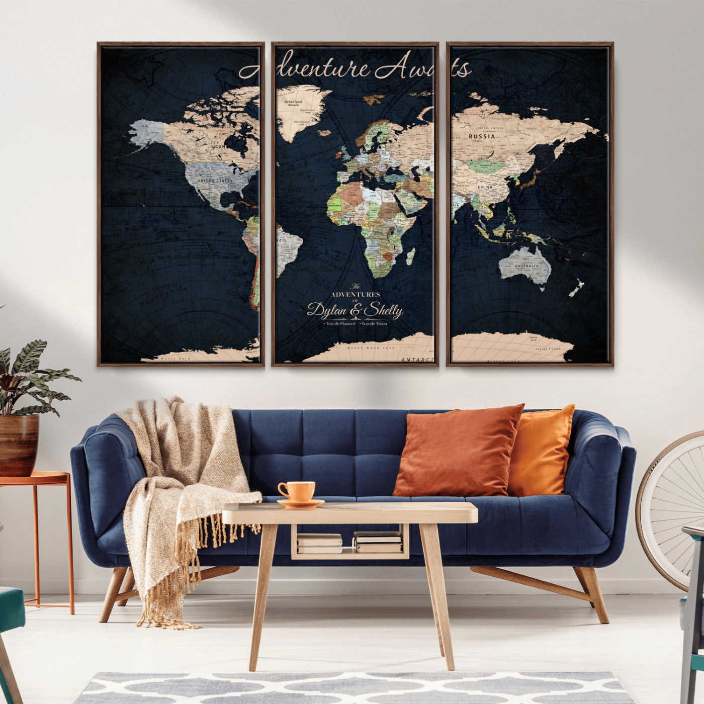 43186793-MGV-FC-60X40-3P_Walnut-Personalized World Map Print, Customizable Push Pin Framed World Map Print on Canvas - Custom Quote on Map Print