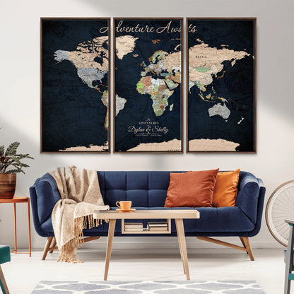 43186793-MGV-FC-60X40-3P_Walnut-Personalized World Map Print, Customizable Push Pin Framed World Map Print on Canvas - Custom Quote on Map Print