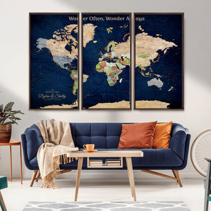 12399561-MGV-FC-60X40-3P_Walnut-Personalized World Map Print, Customizable Push Pin Framed World Map Print on Canvas - Custom Quote on Map Print