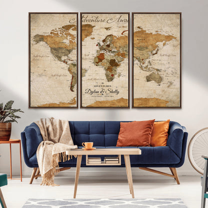 20810820-MGV-FC-60X40-3P_Walnut-Personalized World Map Print, Customizable Push Pin Framed World Map Print on Canvas - Custom Quote on Map Print