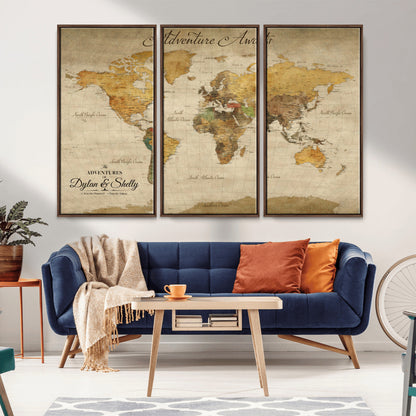 50298017-MGV-FC-48X32-3P_Walnut-Personalized World Map Print, Customizable Push Pin Framed World Map Print on Canvas - Custom Quote on Map Print