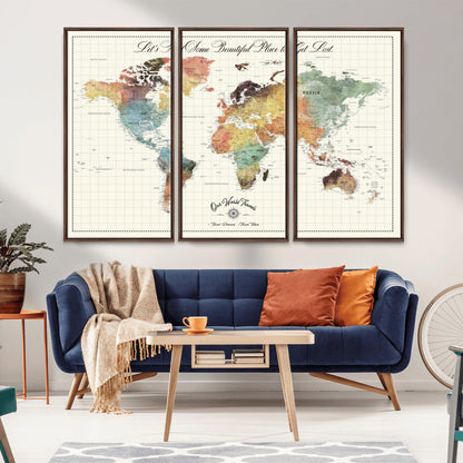 29289638-MGV-FC-60X40-3P_Walnut-Personalized World Map Print - Customizable Push Pin Framed World Map Print on Canvas - Custom Quote on Map Print