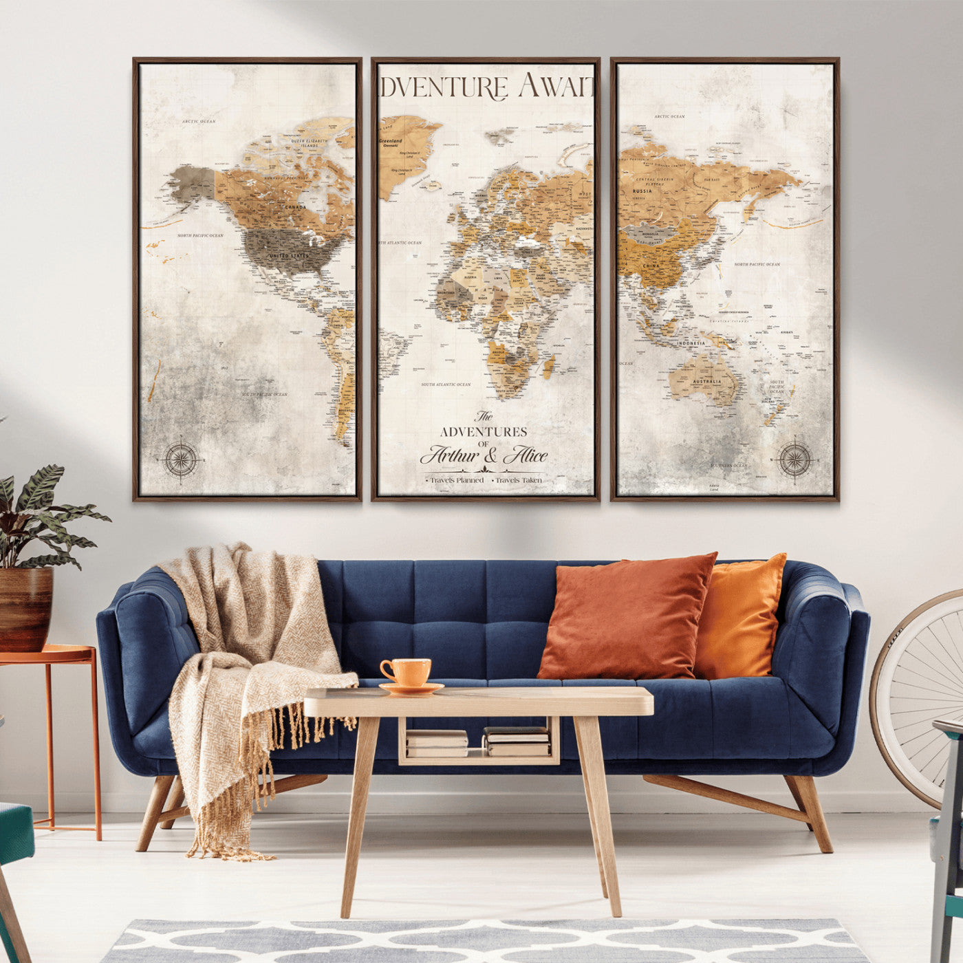 99422096-MGV-FC-60X40-3P_Walnut-Custom Push Pin World Map Wall Canvas Print – Personalized Travel Tracker with Pins – Framed Custom Quotie Canvas for Home Office Decor