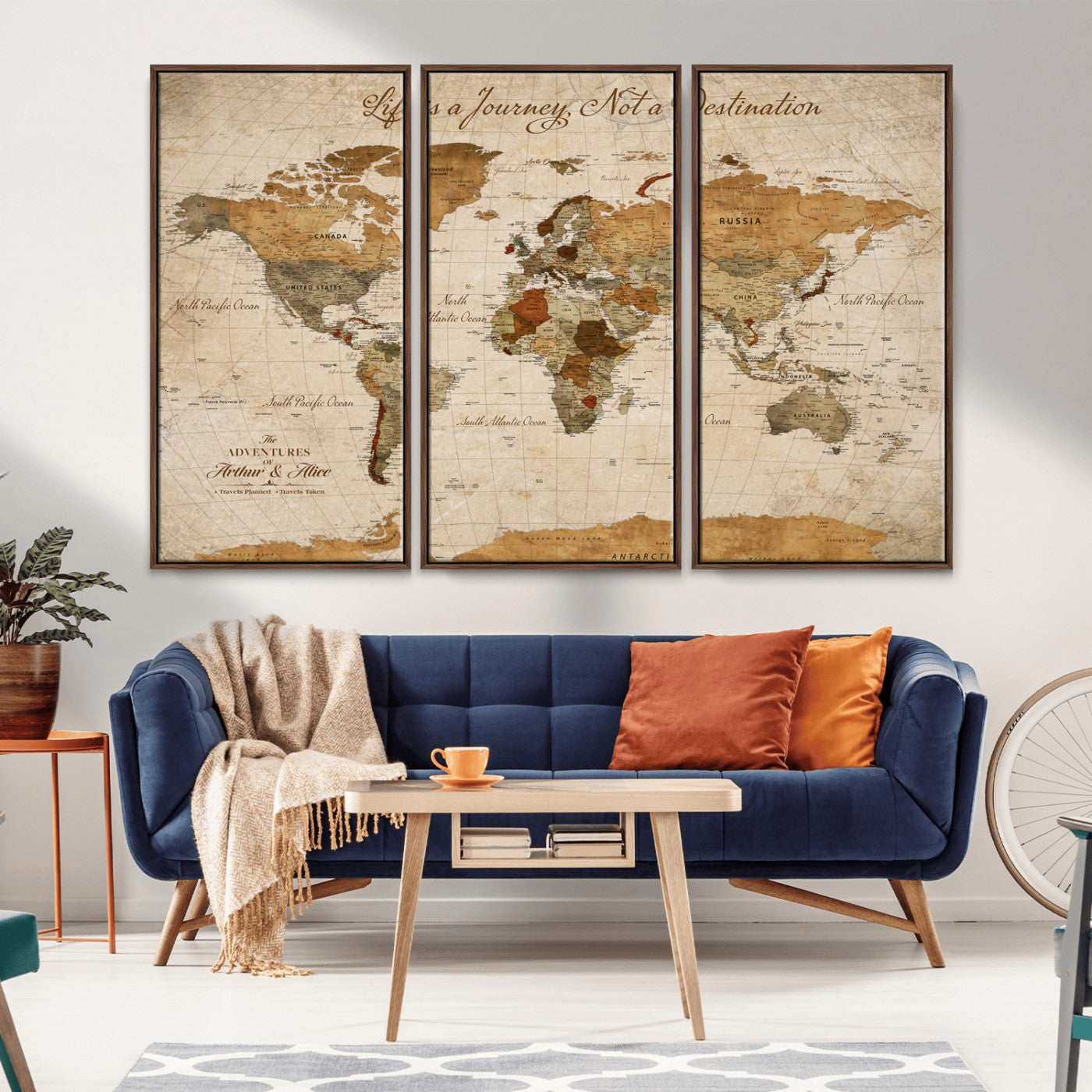 79036691-MGV-FC-60X40-3P_Walnut-Custom Push Pin World Map Wall Canvas Print – Personalized Travel Tracker with Pins – Framed Custom Quotie Canvas for Home Office Decor