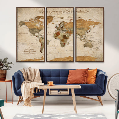 79036691-MGV-FC-60X40-3P_Walnut-Custom Push Pin World Map Wall Canvas Print – Personalized Travel Tracker with Pins – Framed Custom Quotie Canvas for Home Office Decor