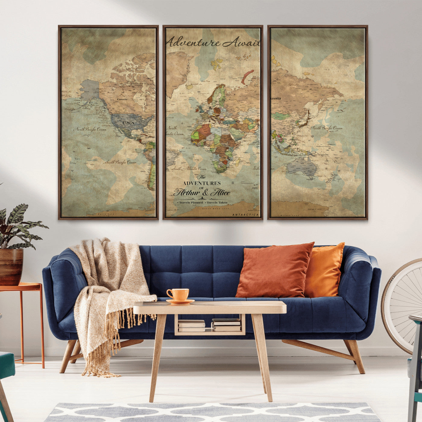 60798273-MGV-FC-60X40-3P_Walnut-Custom Push Pin World Map Wall Canvas Print – Personalized Travel Tracker with Pins – Framed Custom Quotie Canvas for Home Office Decor
