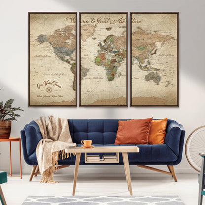76478536-MGV-FC-60X40-3P_Walnut-Custom Push Pin World Map Wall Canvas Print – Personalized Travel Tracker with Pins – Framed Custom Quotie Canvas for Home Office Decor