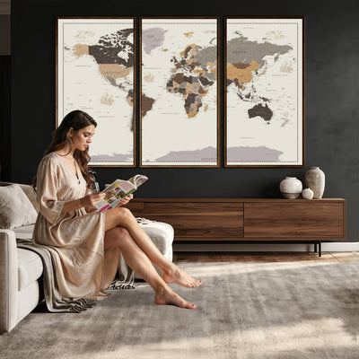 58777746-MGV-CV-36X24 - Custom Beige Modern Push Pin World Map Canvas Print, Places Visited Tracker, Bedroom and Study Decor