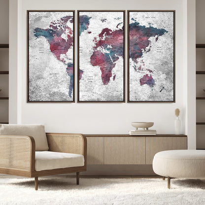 Push Pin World Map Canvas Print – Framed Wall Art for Couples to Track Their Travels – Anniversary Gift or Home Adventure Decor