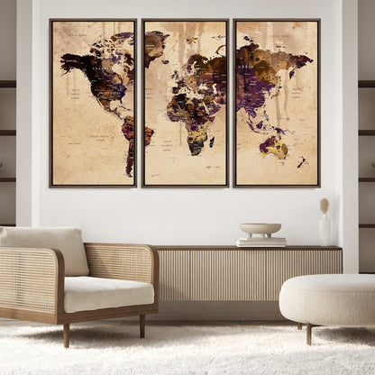 Push Pin World Map Canvas Print – Framed Wall Art for Couples to Track Their Travels – Anniversary Gift or Home Adventure Decor