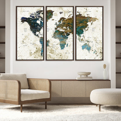 Vintage World Map Wall Art Canvas Print, Framed Rustic Earth Map Art Picture Print, Antique Map Perfect Rustic Vintage Decor Artwork