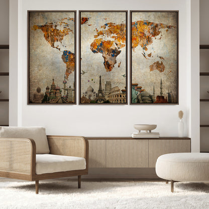 Push Pin World Map Canvas Print – Framed Wall Art for Couples to Track Their Travels – Anniversary Gift or Home Adventure Decor