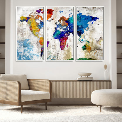 Push Pin World Map Canvas Print – Framed Wall Art for Couples to Track Their Travels – Anniversary Gift or Home Adventure Decor