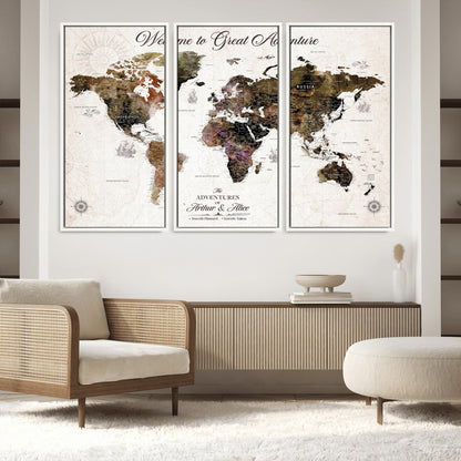 35778202-MGV-FC-48X32-3P_White-Custom Push Pin World Map Wall Canvas Print – Personalized Travel Map with Pins – Framed Large Canvas for Home Office Decor