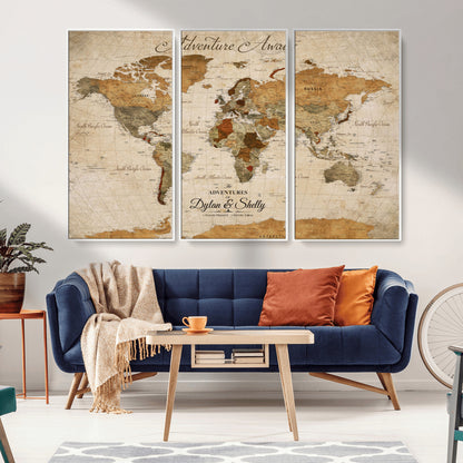 20810820-MGV-FC-60X40-3P_White-Personalized World Map Print, Customizable Push Pin Framed World Map Print on Canvas - Custom Quote on Map Print