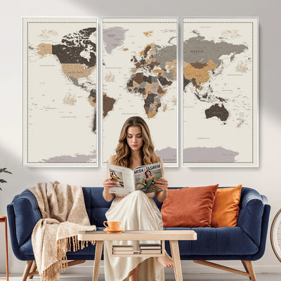 58777746-MGV-CV-36X24 - Custom Beige Modern Push Pin World Map Canvas Print, Places Visited Tracker, Bedroom and Study Decor