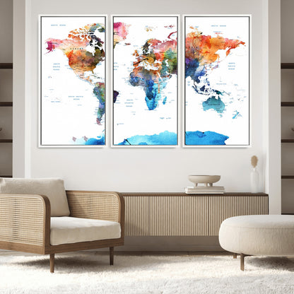 Push Pin World Map Canvas Print – Framed Wall Art for Couples to Track Their Travels – Anniversary Gift or Home Adventure Decor