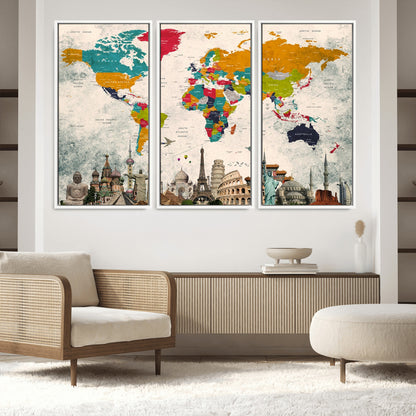 Push Pin World Map Canvas Print – Framed Wall Art for Couples to Track Their Travels – Anniversary Gift or Home Adventure Decor
