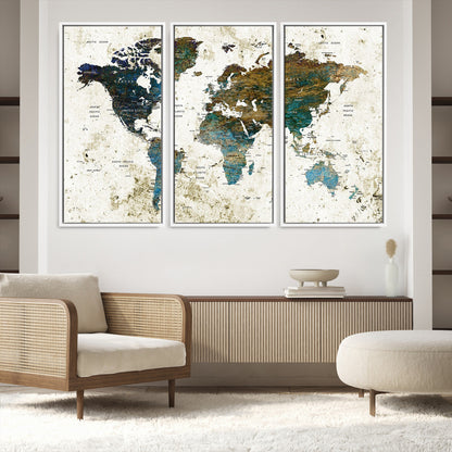 Vintage World Map Wall Art Canvas Print, Framed Rustic Earth Map Art Picture Print, Antique Map Perfect Rustic Vintage Decor Artwork