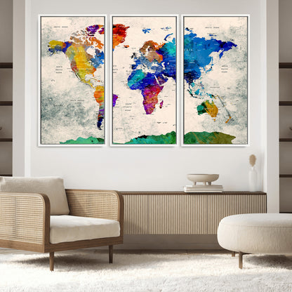 Push Pin World Map Canvas Print – Framed Wall Art for Couples to Track Their Travels – Anniversary Gift or Home Adventure Decor