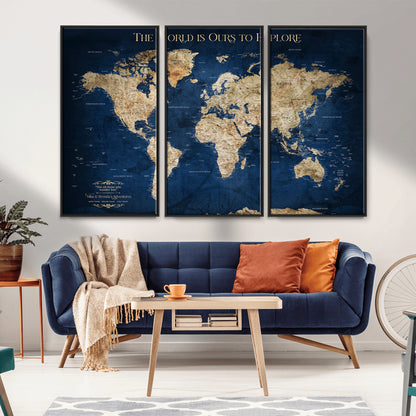 Custom World Map Wall Art – Personalized Framed Canvas Print with Push Pins for Travel Tracking, Anniversary or Couple Gift Ideas - H2-2
