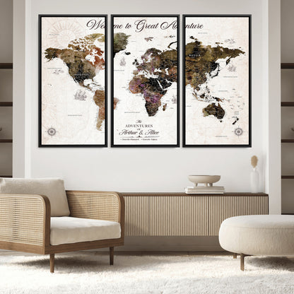 35778202-MGV-FC-48X32-3P_Black-Custom Push Pin World Map Wall Canvas Print – Personalized Travel Map with Pins – Framed Large Canvas for Home Office Decor