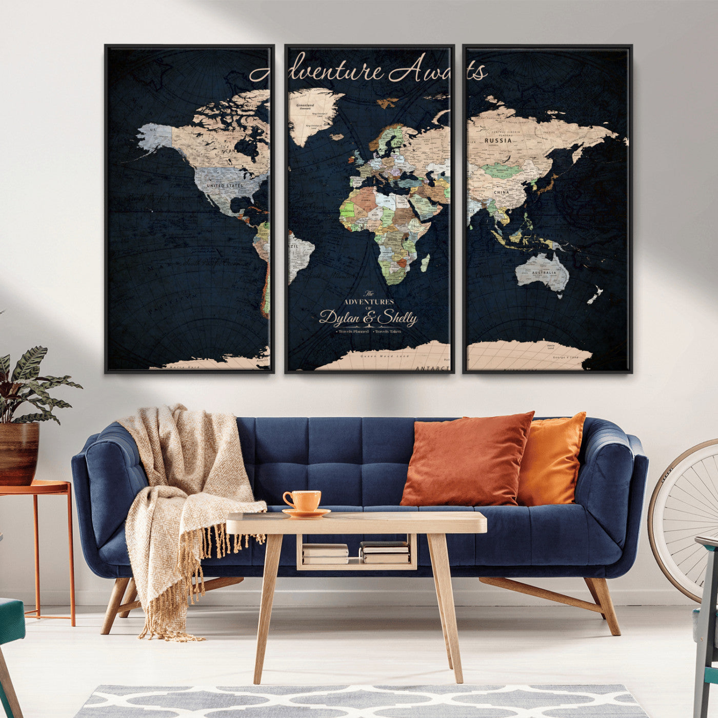 43186793-MGV-FC-60X40-3P_Black-Personalized World Map Print, Customizable Push Pin Framed World Map Print on Canvas - Custom Quote on Map Print